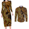 Orange Indigenous Dragonfly Australia Couples Matching Long Sleeve Bodycon Dress and Long Sleeve Button Shirt Aboriginal Art - Aussie Hoodie
