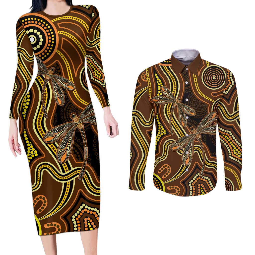 Orange Indigenous Dragonfly Australia Couples Matching Long Sleeve Bodycon Dress and Long Sleeve Button Shirt Aboriginal Art - Aussie Hoodie