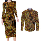Orange Indigenous Dragonfly Australia Couples Matching Long Sleeve Bodycon Dress and Long Sleeve Button Shirt Aboriginal Art - Aussie Hoodie