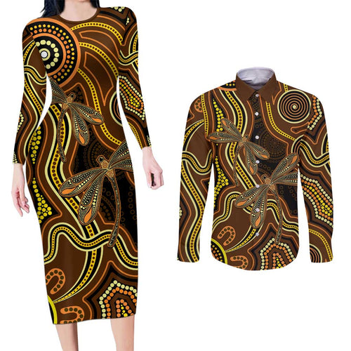 Orange Indigenous Dragonfly Australia Couples Matching Long Sleeve Bodycon Dress and Long Sleeve Button Shirt Aboriginal Art - Aussie Hoodie