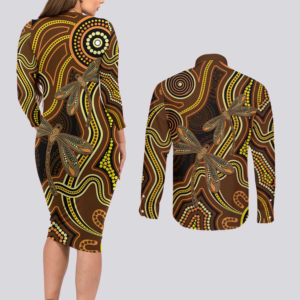 Orange Indigenous Dragonfly Australia Couples Matching Long Sleeve Bodycon Dress and Long Sleeve Button Shirt Aboriginal Art - Aussie Hoodie