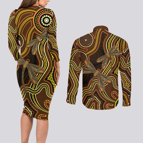 Orange Indigenous Dragonfly Australia Couples Matching Long Sleeve Bodycon Dress and Long Sleeve Button Shirt Aboriginal Art - Aussie Hoodie