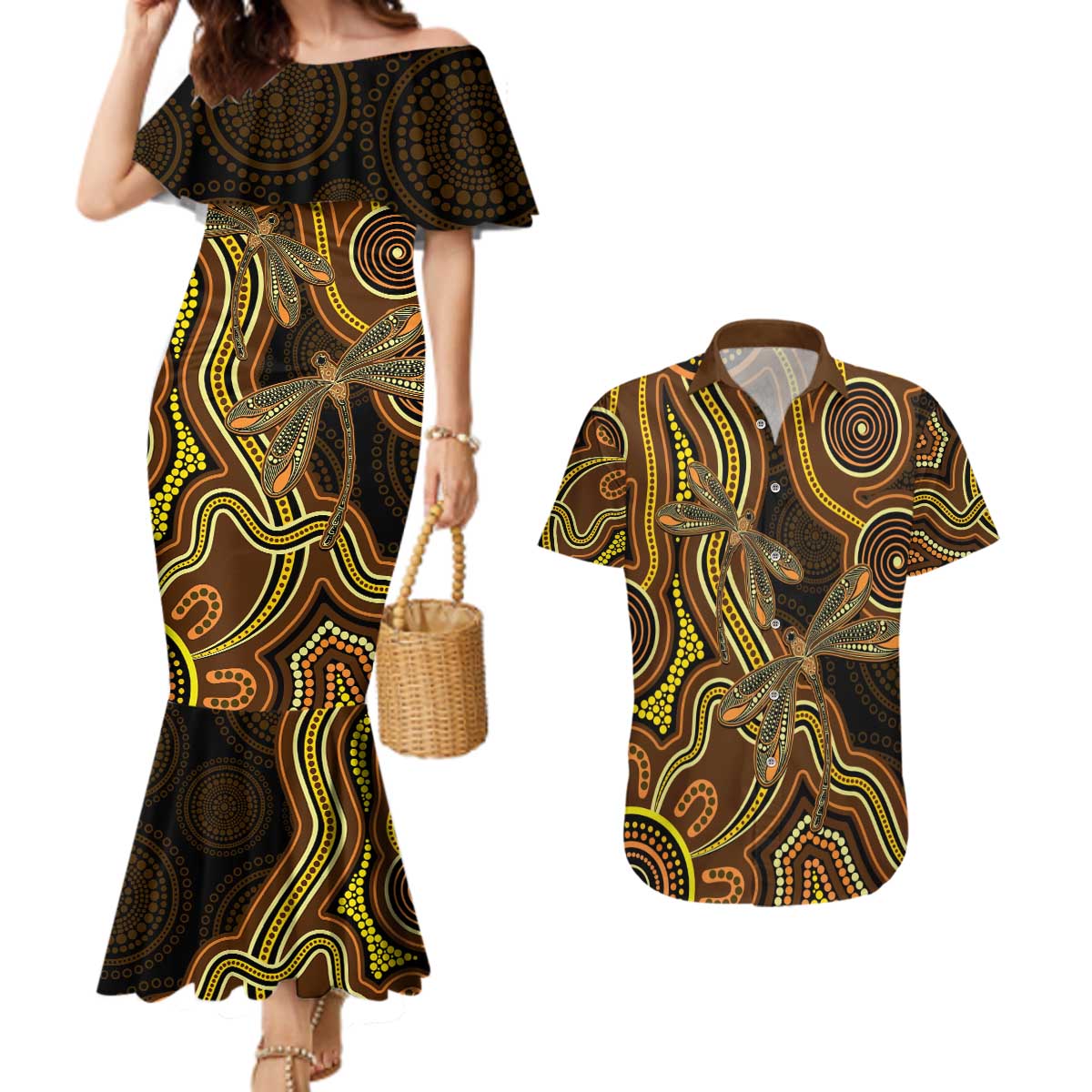 Orange Indigenous Dragonfly Australia Couples Matching Mermaid Dress and Hawaiian Shirt Aboriginal Art - Aussie Hoodie