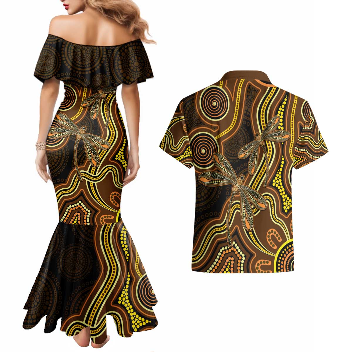 Orange Indigenous Dragonfly Australia Couples Matching Mermaid Dress and Hawaiian Shirt Aboriginal Art - Aussie Hoodie