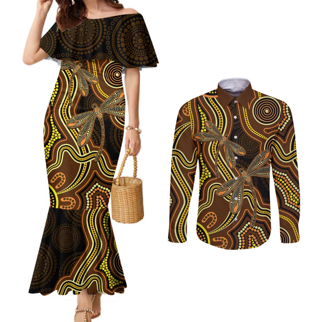 Orange Indigenous Dragonfly Australia Couples Matching Mermaid Dress and Long Sleeve Button Shirt Aboriginal Art - Aussie Hoodie