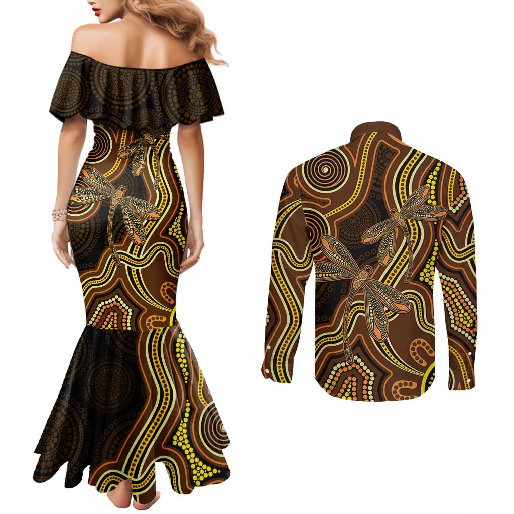 Orange Indigenous Dragonfly Australia Couples Matching Mermaid Dress and Long Sleeve Button Shirt Aboriginal Art - Aussie Hoodie
