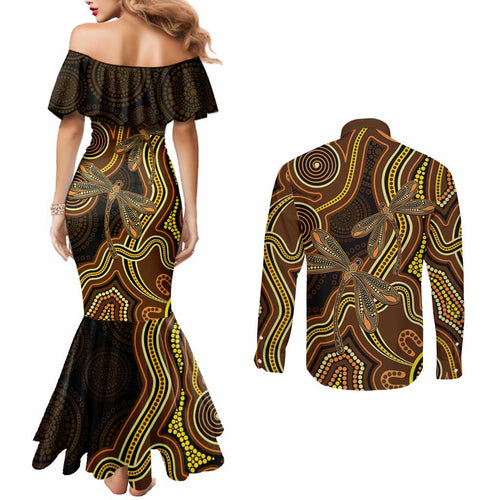 Orange Indigenous Dragonfly Australia Couples Matching Mermaid Dress and Long Sleeve Button Shirt Aboriginal Art - Aussie Hoodie