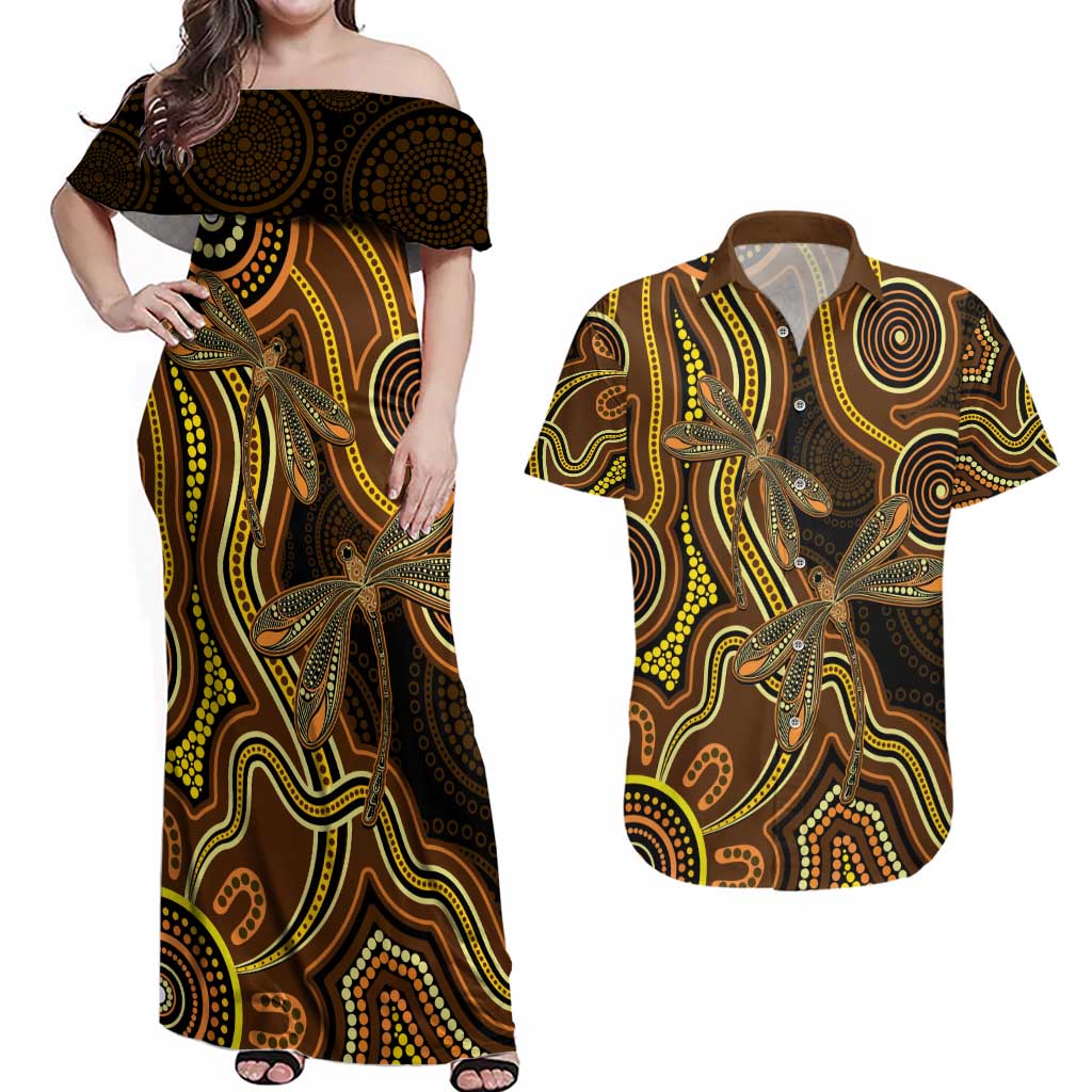 Orange Indigenous Dragonfly Australia Couples Matching Off Shoulder Maxi Dress and Hawaiian Shirt Aboriginal Art - Aussie Hoodie