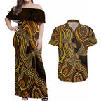 Orange Indigenous Dragonfly Australia Couples Matching Off Shoulder Maxi Dress and Hawaiian Shirt Aboriginal Art - Aussie Hoodie