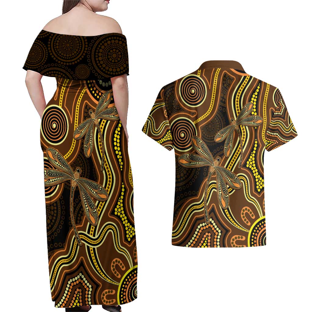 Orange Indigenous Dragonfly Australia Couples Matching Off Shoulder Maxi Dress and Hawaiian Shirt Aboriginal Art - Aussie Hoodie