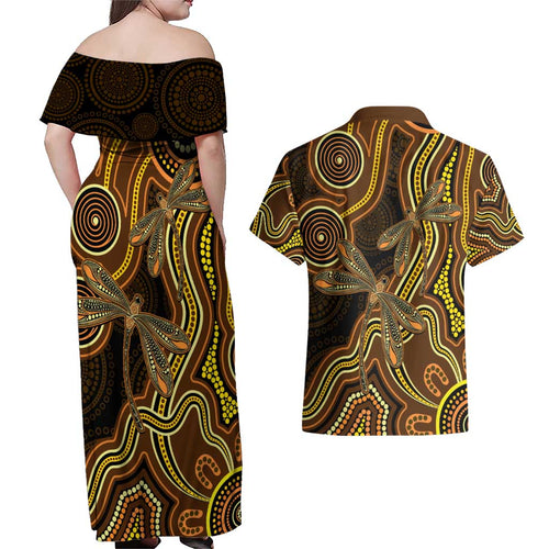 Orange Indigenous Dragonfly Australia Couples Matching Off Shoulder Maxi Dress and Hawaiian Shirt Aboriginal Art - Aussie Hoodie