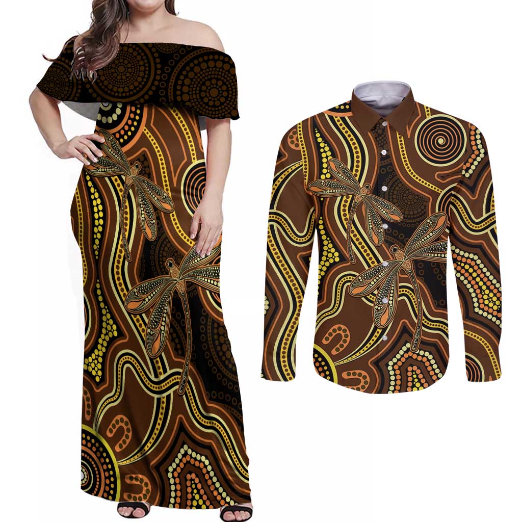Orange Indigenous Dragonfly Australia Couples Matching Off Shoulder Maxi Dress and Long Sleeve Button Shirt Aboriginal Art - Aussie Hoodie