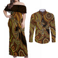Orange Indigenous Dragonfly Australia Couples Matching Off Shoulder Maxi Dress and Long Sleeve Button Shirt Aboriginal Art - Aussie Hoodie