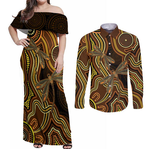 Orange Indigenous Dragonfly Australia Couples Matching Off Shoulder Maxi Dress and Long Sleeve Button Shirt Aboriginal Art - Aussie Hoodie