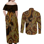 Orange Indigenous Dragonfly Australia Couples Matching Off Shoulder Maxi Dress and Long Sleeve Button Shirt Aboriginal Art - Aussie Hoodie