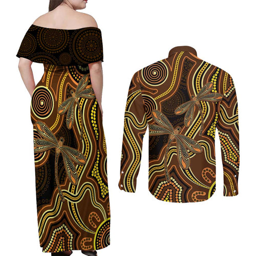Orange Indigenous Dragonfly Australia Couples Matching Off Shoulder Maxi Dress and Long Sleeve Button Shirt Aboriginal Art - Aussie Hoodie