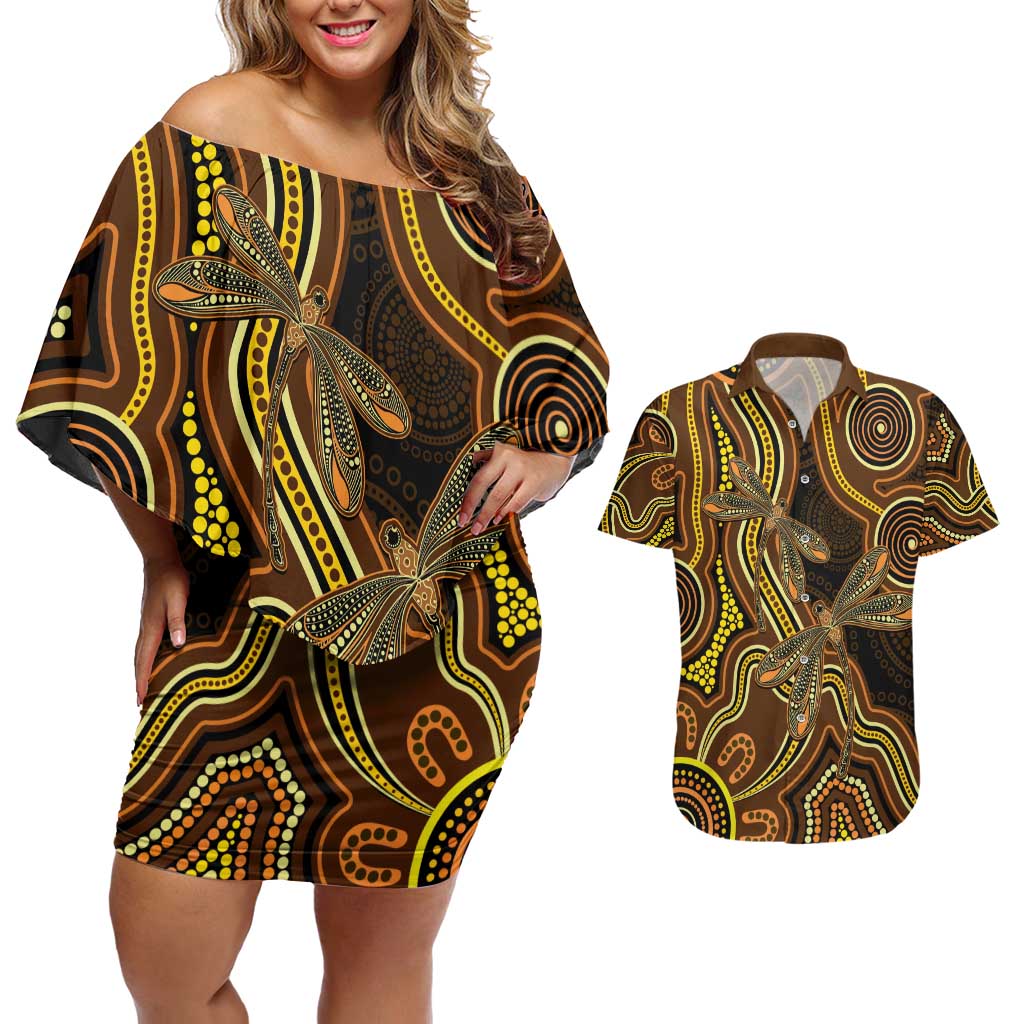 Orange Indigenous Dragonfly Australia Couples Matching Off Shoulder Short Dress and Hawaiian Shirt Aboriginal Art - Aussie Hoodie