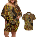 Orange Indigenous Dragonfly Australia Couples Matching Off Shoulder Short Dress and Hawaiian Shirt Aboriginal Art - Aussie Hoodie