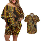 Orange Indigenous Dragonfly Australia Couples Matching Off Shoulder Short Dress and Hawaiian Shirt Aboriginal Art - Aussie Hoodie