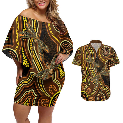 Orange Indigenous Dragonfly Australia Couples Matching Off Shoulder Short Dress and Hawaiian Shirt Aboriginal Art - Aussie Hoodie