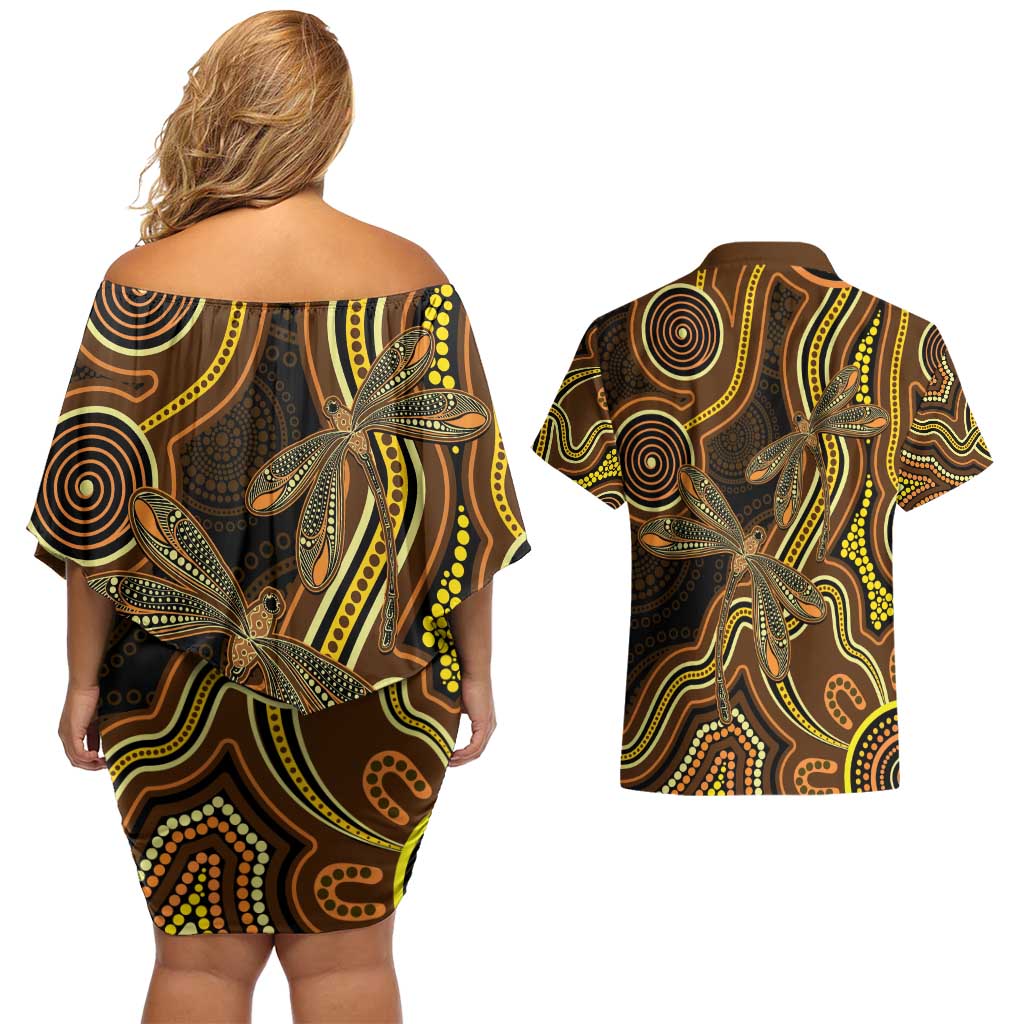Orange Indigenous Dragonfly Australia Couples Matching Off Shoulder Short Dress and Hawaiian Shirt Aboriginal Art - Aussie Hoodie