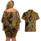 Orange Indigenous Dragonfly Australia Couples Matching Off Shoulder Short Dress and Hawaiian Shirt Aboriginal Art - Aussie Hoodie
