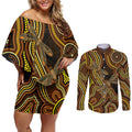 Orange Indigenous Dragonfly Australia Couples Matching Off Shoulder Short Dress and Long Sleeve Button Shirt Aboriginal Art - Aussie Hoodie