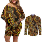Orange Indigenous Dragonfly Australia Couples Matching Off Shoulder Short Dress and Long Sleeve Button Shirt Aboriginal Art - Aussie Hoodie