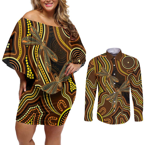 Orange Indigenous Dragonfly Australia Couples Matching Off Shoulder Short Dress and Long Sleeve Button Shirt Aboriginal Art - Aussie Hoodie