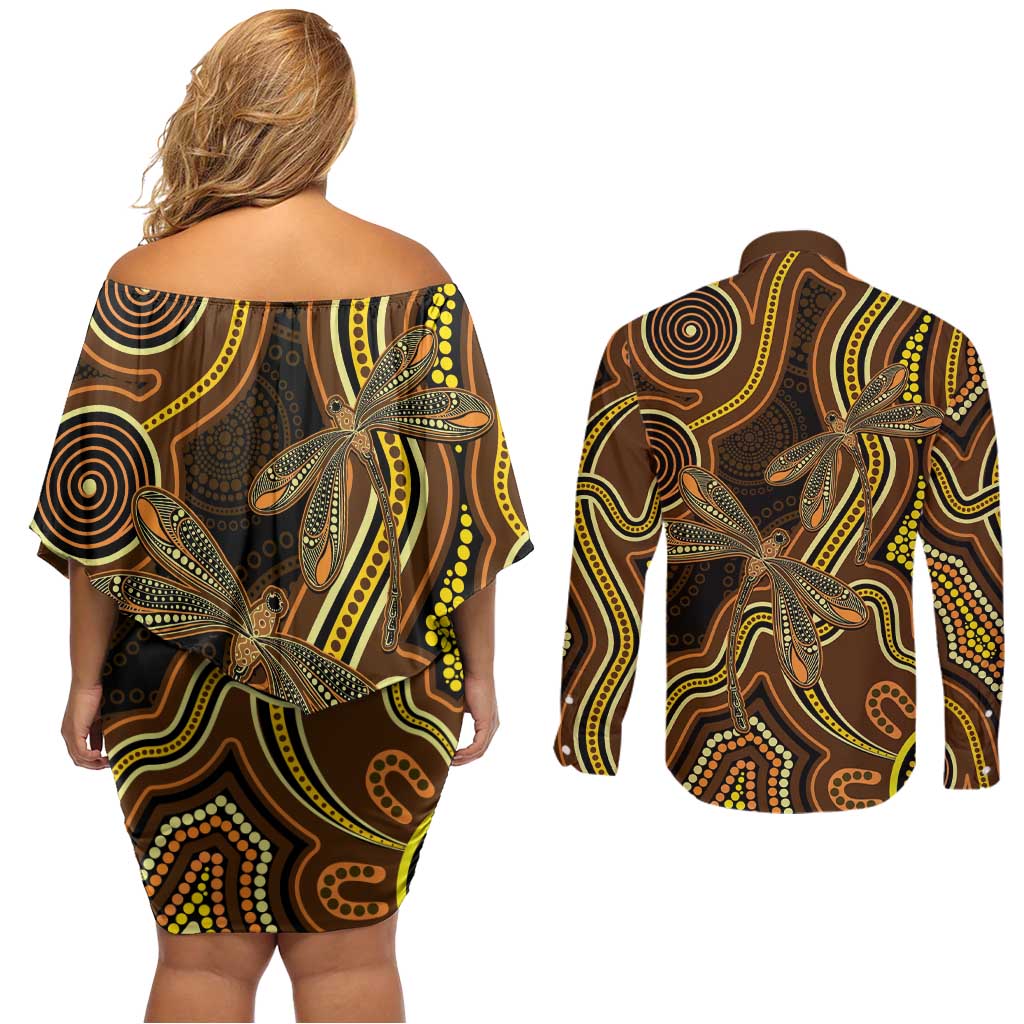 Orange Indigenous Dragonfly Australia Couples Matching Off Shoulder Short Dress and Long Sleeve Button Shirt Aboriginal Art - Aussie Hoodie