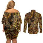 Orange Indigenous Dragonfly Australia Couples Matching Off Shoulder Short Dress and Long Sleeve Button Shirt Aboriginal Art - Aussie Hoodie
