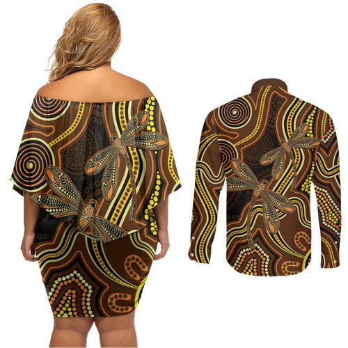 Orange Indigenous Dragonfly Australia Couples Matching Off Shoulder Short Dress and Long Sleeve Button Shirt Aboriginal Art - Aussie Hoodie