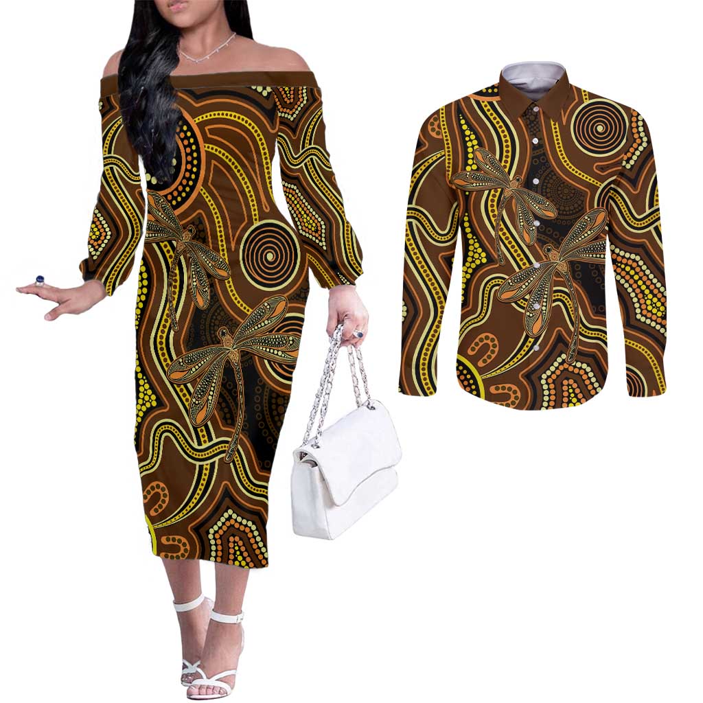 Orange Indigenous Dragonfly Australia Couples Matching Off The Shoulder Long Sleeve Dress and Long Sleeve Button Shirt Aboriginal Art - Aussie Hoodie