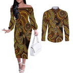 Orange Indigenous Dragonfly Australia Couples Matching Off The Shoulder Long Sleeve Dress and Long Sleeve Button Shirt Aboriginal Art - Aussie Hoodie