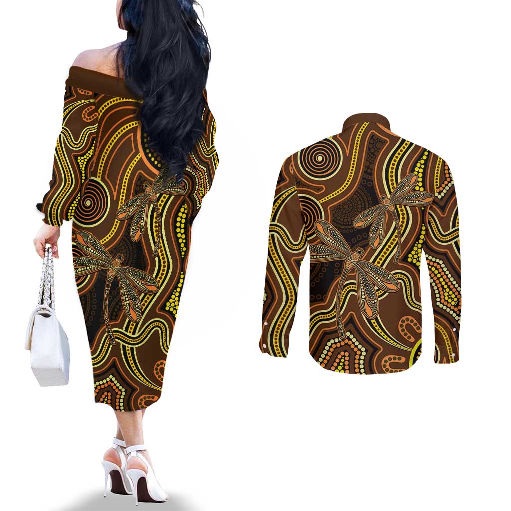 Orange Indigenous Dragonfly Australia Couples Matching Off The Shoulder Long Sleeve Dress and Long Sleeve Button Shirt Aboriginal Art - Aussie Hoodie