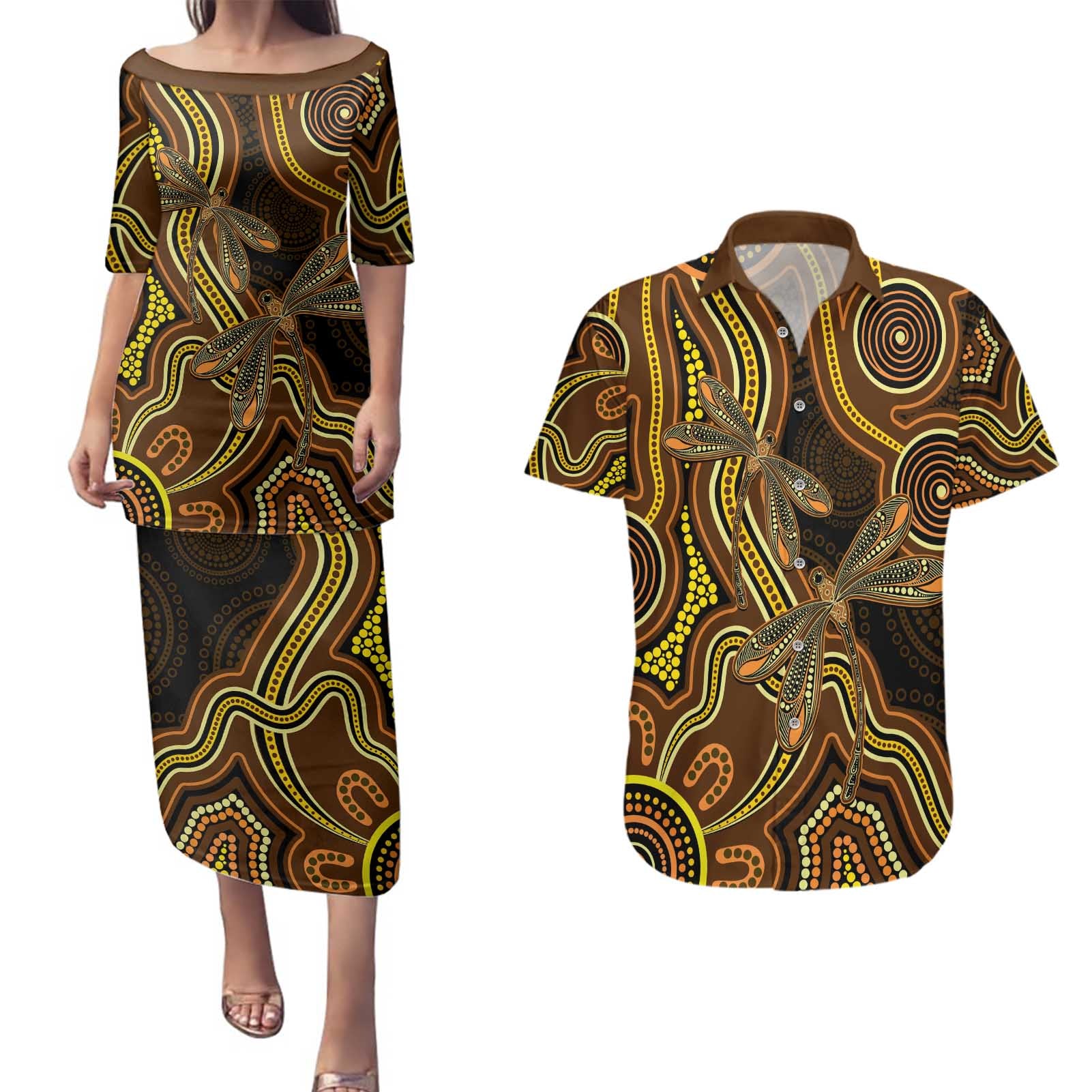 Orange Indigenous Dragonfly Australia Couples Matching Puletasi and Hawaiian Shirt Aboriginal Art - Aussie Hoodie