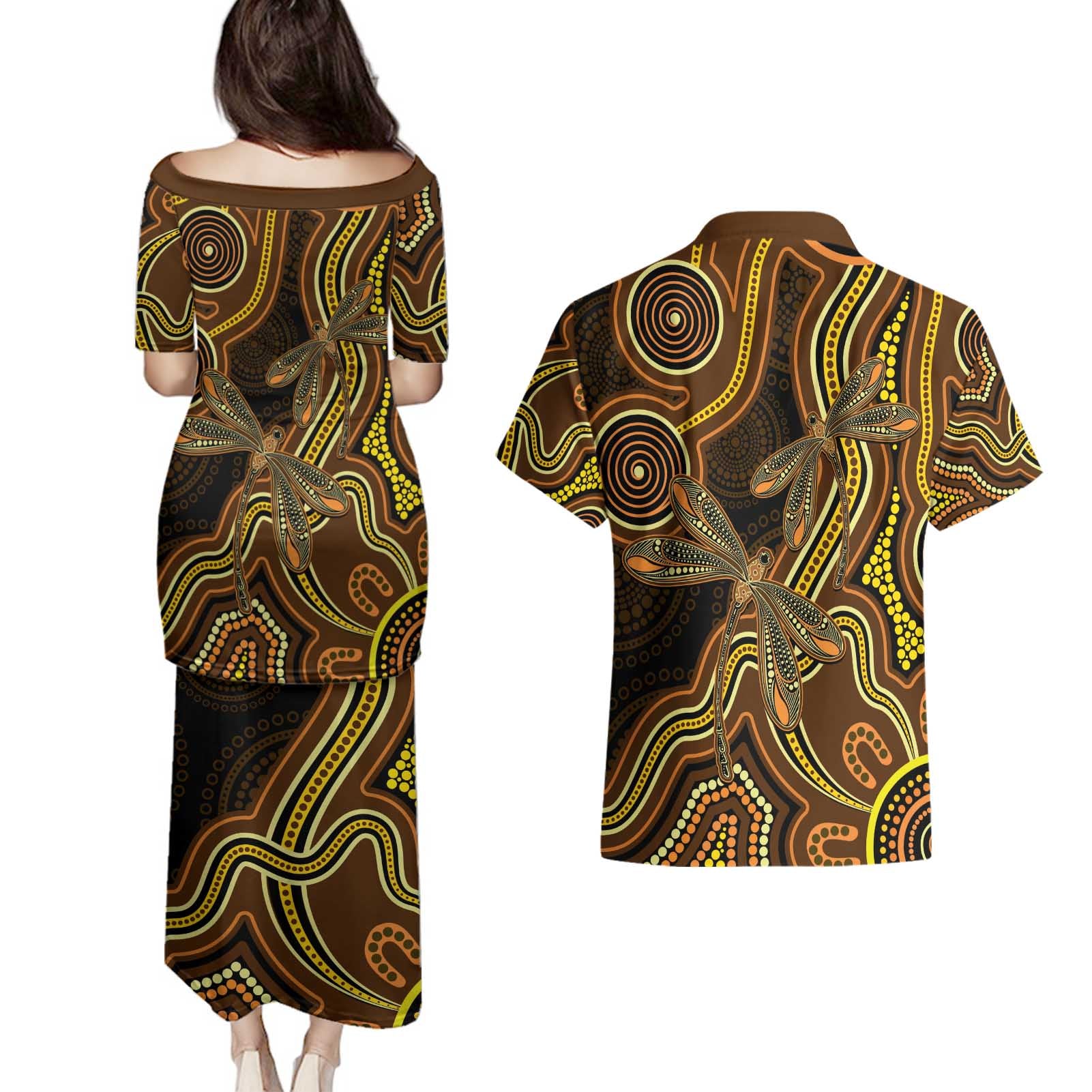 Orange Indigenous Dragonfly Australia Couples Matching Puletasi and Hawaiian Shirt Aboriginal Art - Aussie Hoodie