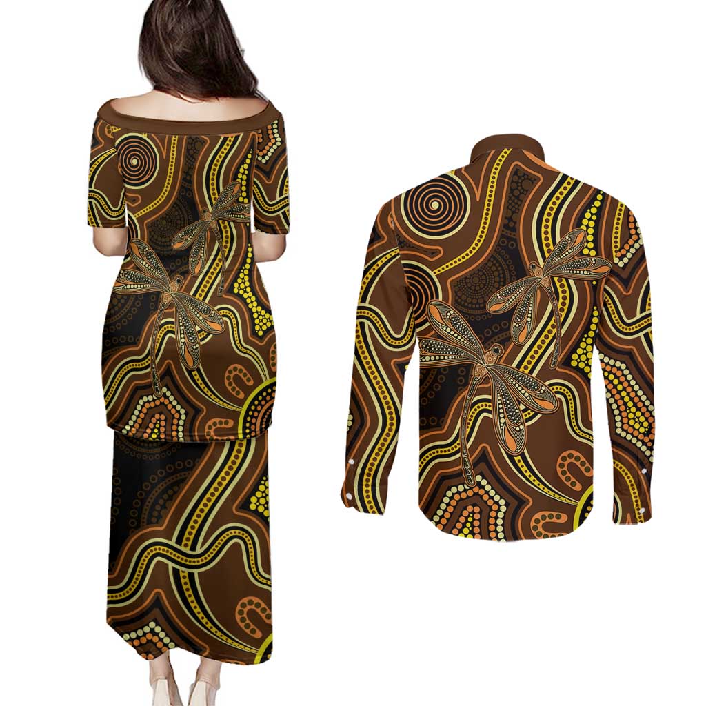 Orange Indigenous Dragonfly Australia Couples Matching Puletasi and Long Sleeve Button Shirt Aboriginal Art - Aussie Hoodie