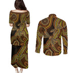 Orange Indigenous Dragonfly Australia Couples Matching Puletasi and Long Sleeve Button Shirt Aboriginal Art - Aussie Hoodie