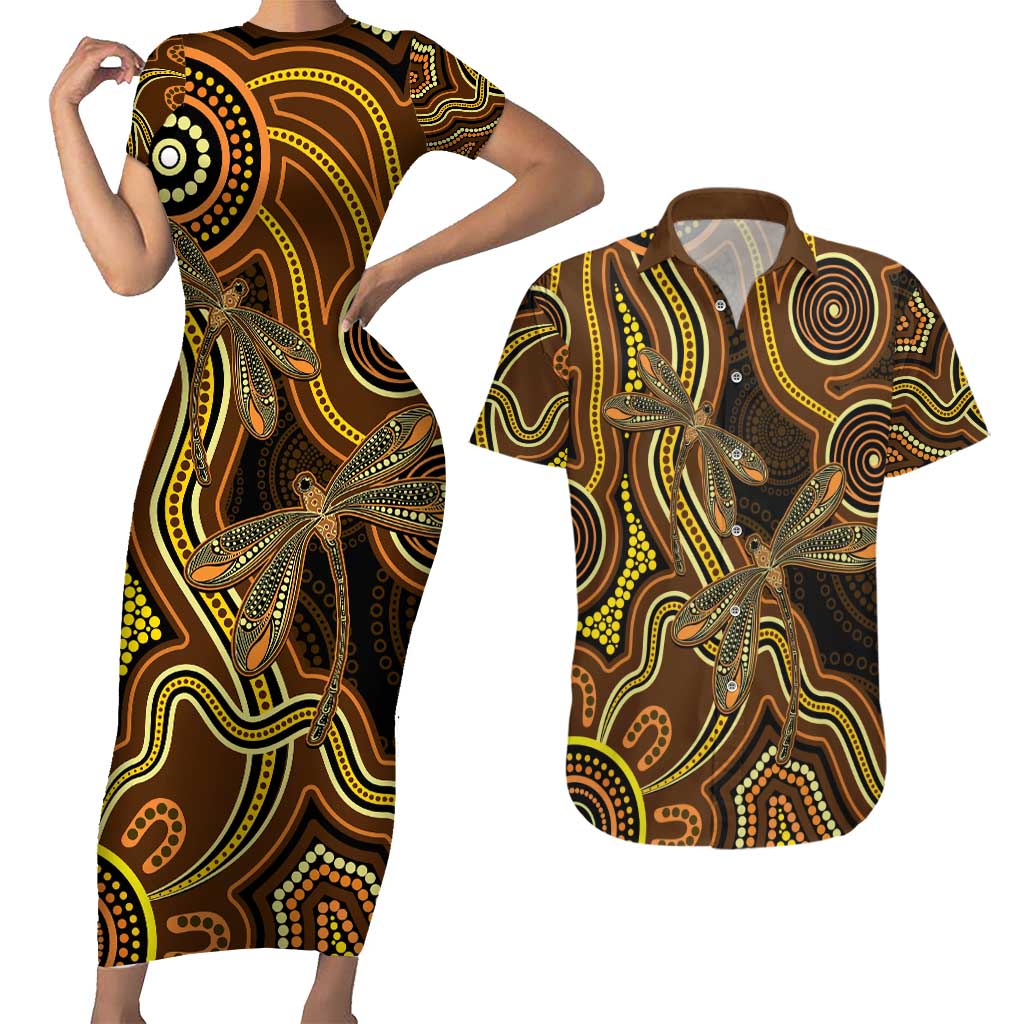 Orange Indigenous Dragonfly Australia Couples Matching Short Sleeve Bodycon Dress and Hawaiian Shirt Aboriginal Art - Aussie Hoodie