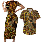 Orange Indigenous Dragonfly Australia Couples Matching Short Sleeve Bodycon Dress and Hawaiian Shirt Aboriginal Art - Aussie Hoodie
