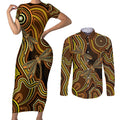 Orange Indigenous Dragonfly Australia Couples Matching Short Sleeve Bodycon Dress and Long Sleeve Button Shirt Aboriginal Art - Aussie Hoodie
