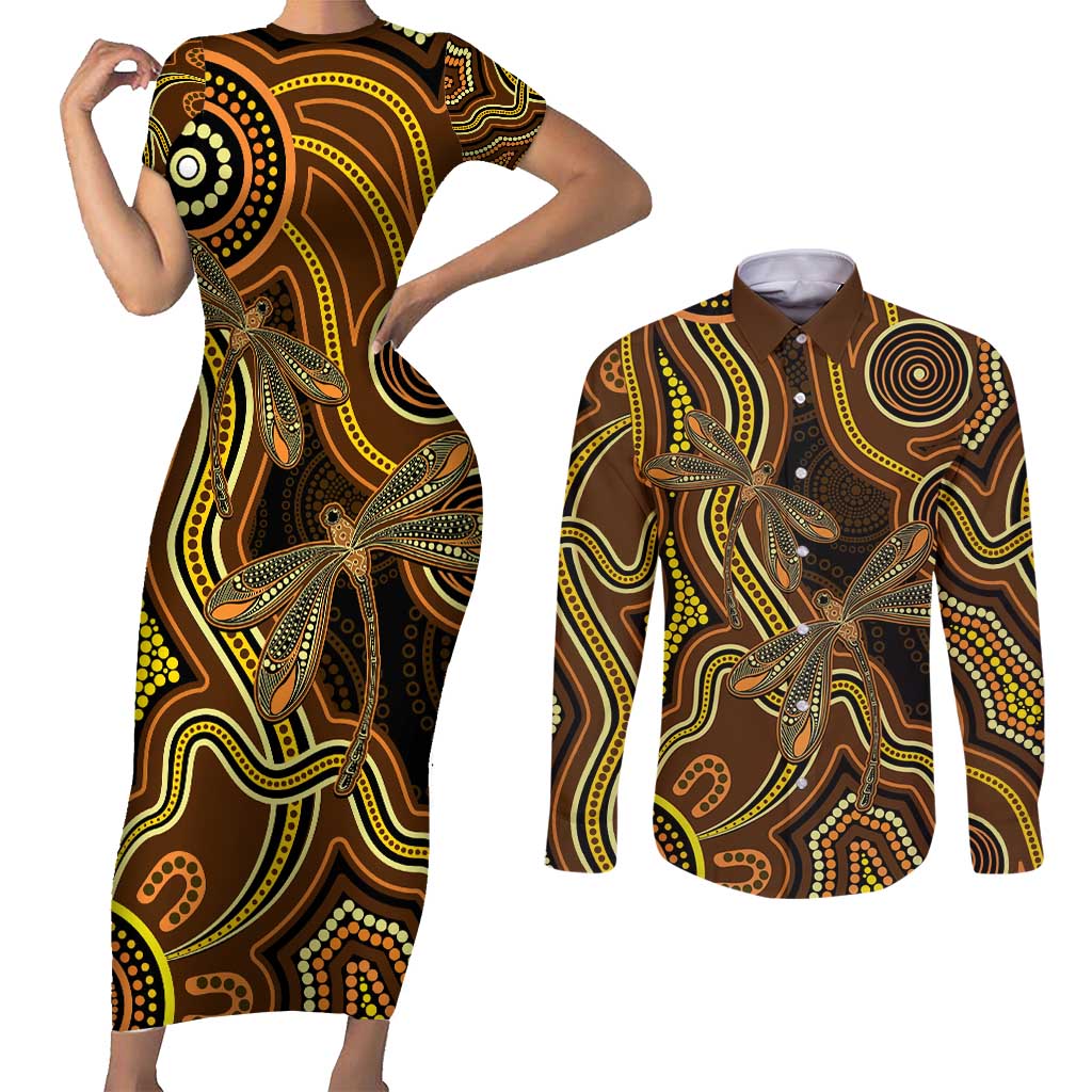 Orange Indigenous Dragonfly Australia Couples Matching Short Sleeve Bodycon Dress and Long Sleeve Button Shirt Aboriginal Art - Aussie Hoodie