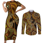 Orange Indigenous Dragonfly Australia Couples Matching Short Sleeve Bodycon Dress and Long Sleeve Button Shirt Aboriginal Art - Aussie Hoodie