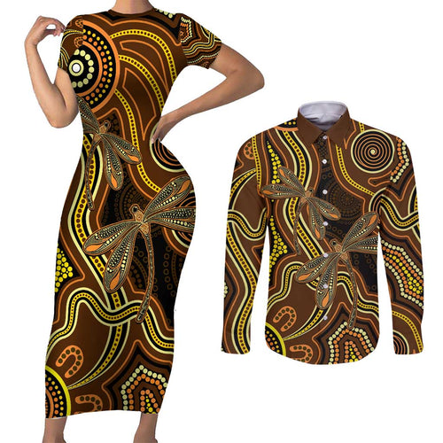 Orange Indigenous Dragonfly Australia Couples Matching Short Sleeve Bodycon Dress and Long Sleeve Button Shirt Aboriginal Art - Aussie Hoodie