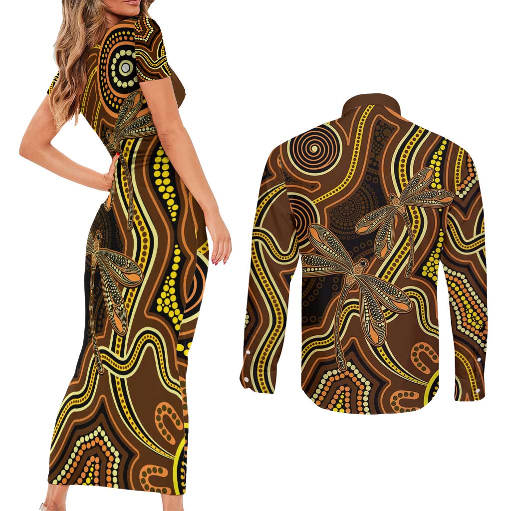 Orange Indigenous Dragonfly Australia Couples Matching Short Sleeve Bodycon Dress and Long Sleeve Button Shirt Aboriginal Art - Aussie Hoodie