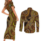 Orange Indigenous Dragonfly Australia Couples Matching Short Sleeve Bodycon Dress and Long Sleeve Button Shirt Aboriginal Art - Aussie Hoodie