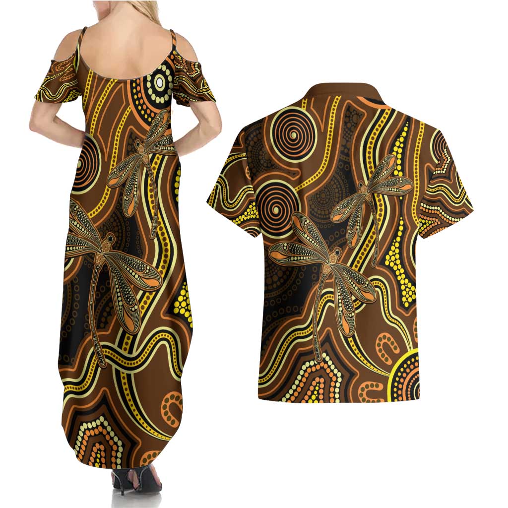Orange Indigenous Dragonfly Australia Couples Matching Summer Maxi Dress and Hawaiian Shirt Aboriginal Art - Aussie Hoodie