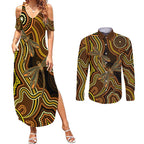 Orange Indigenous Dragonfly Australia Couples Matching Summer Maxi Dress and Long Sleeve Button Shirt Aboriginal Art - Aussie Hoodie