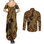 Orange Indigenous Dragonfly Australia Couples Matching Summer Maxi Dress and Long Sleeve Button Shirt Aboriginal Art - Aussie Hoodie